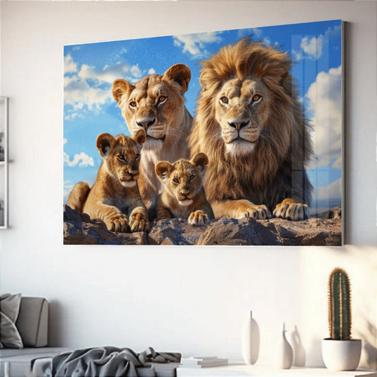 Quadro decorativo família de leão com filhotes quadro grande de leão quarto sala, quadro leão