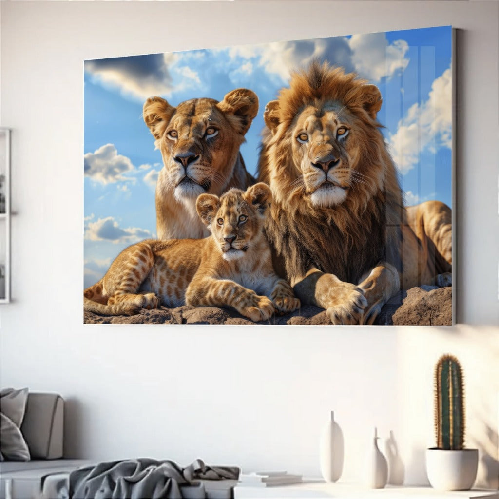 Quadro decorativo  família de leão com filhotes  quadro grande de leão quarto sala, quadro leão