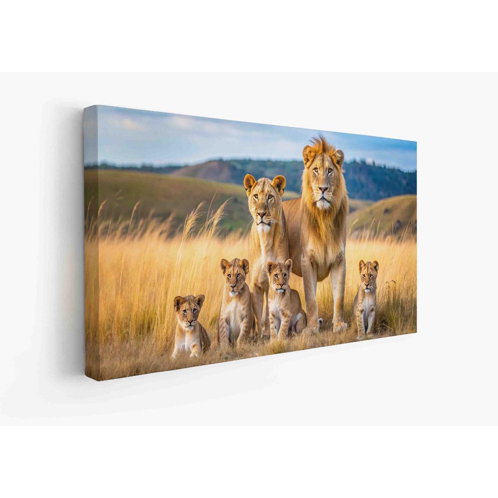 Quadro decorativo  família de leão leão de Judá quarto sala, quadro leão quadro 5 filhotes
