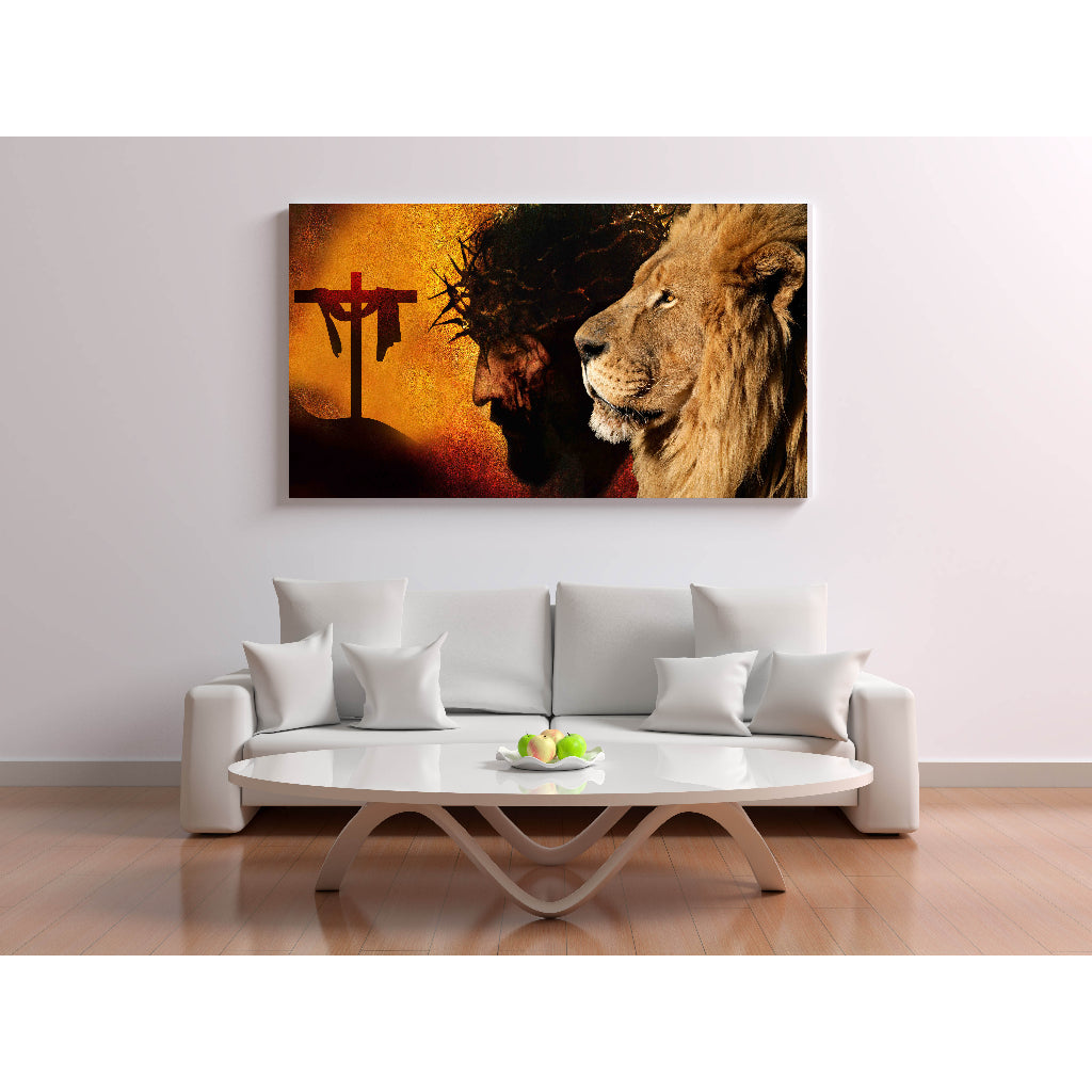 Quadro decorativo 90X60CM Religião Jesus Cristo e leão de Judá quarto sala coroa de espinhos