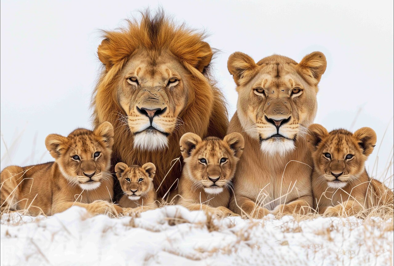 Quadro decorativo Família de leão grande com 4 filhotes