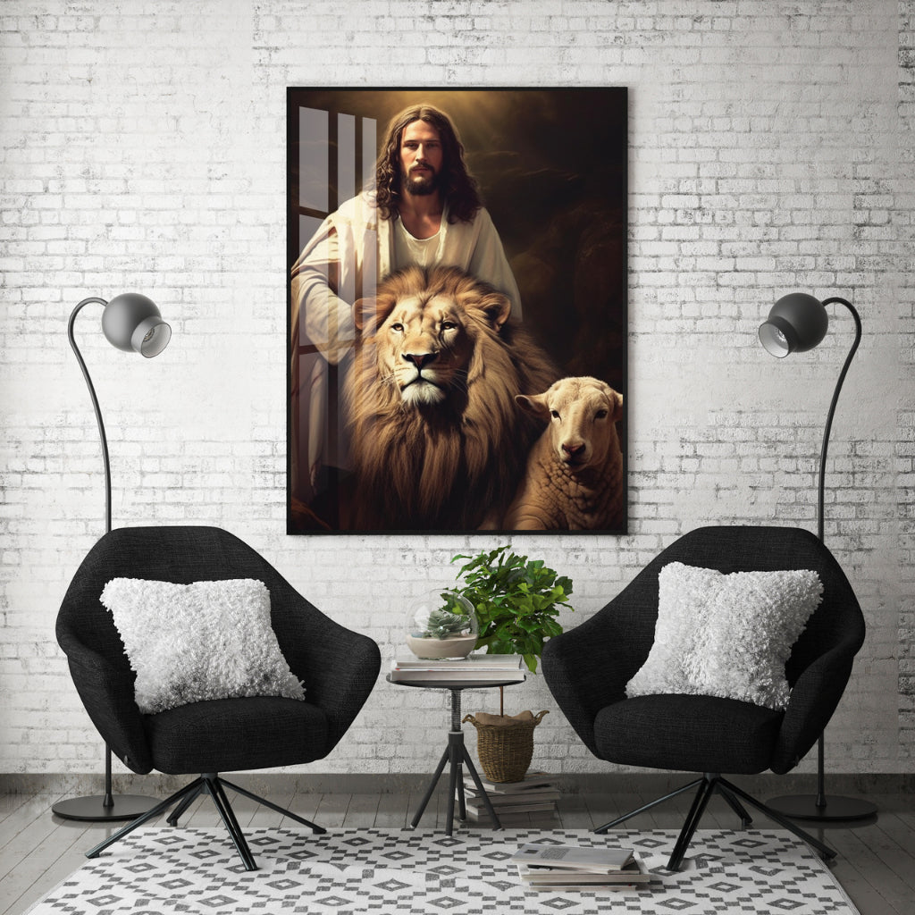 Quadro decorativo 90X60CM Religião Jesus Cristo e leão de Judá quarto sala coroa de espinhos