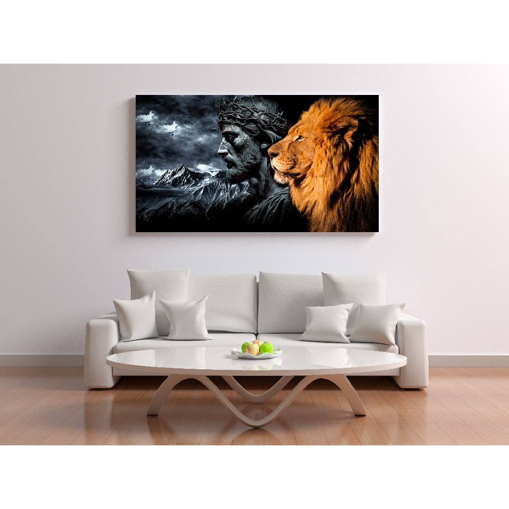 Quadro decorativo 90X60CM Religião Jesus Cristo e leão de Judá quarto sala coroa de espinhos
