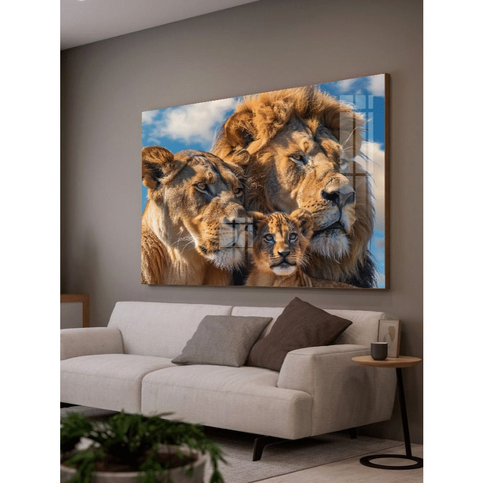 Quadro decorativo  família de leão com filhotes  quadro grande de leão quarto sala, quadro leão
