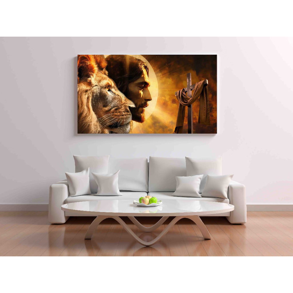 Quadro decorativo 90X60CM Religião Jesus Cristo e leão de Judá quarto sala coroa de espinhos
