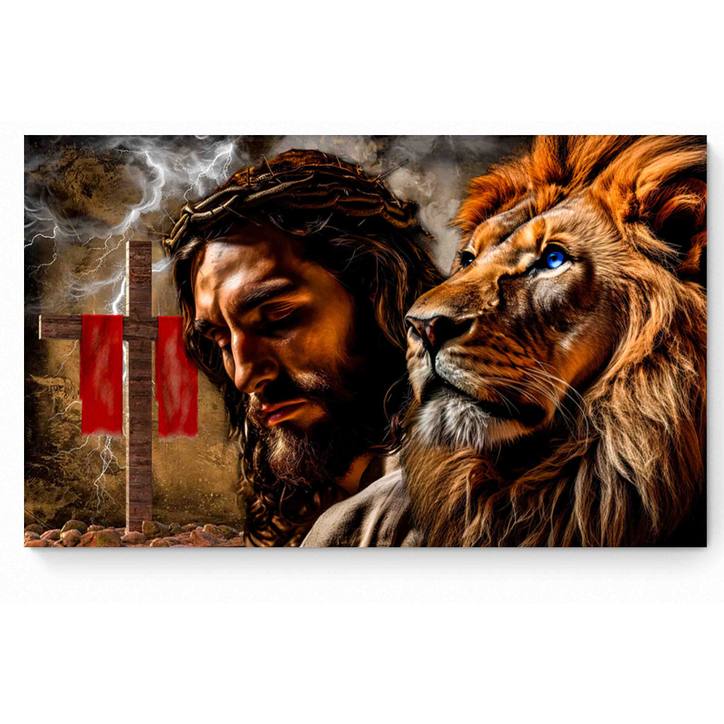 Quadro decorativo 90X60CM Religião Jesus Cristo e leão de Judá quarto sala coroa de espinhos