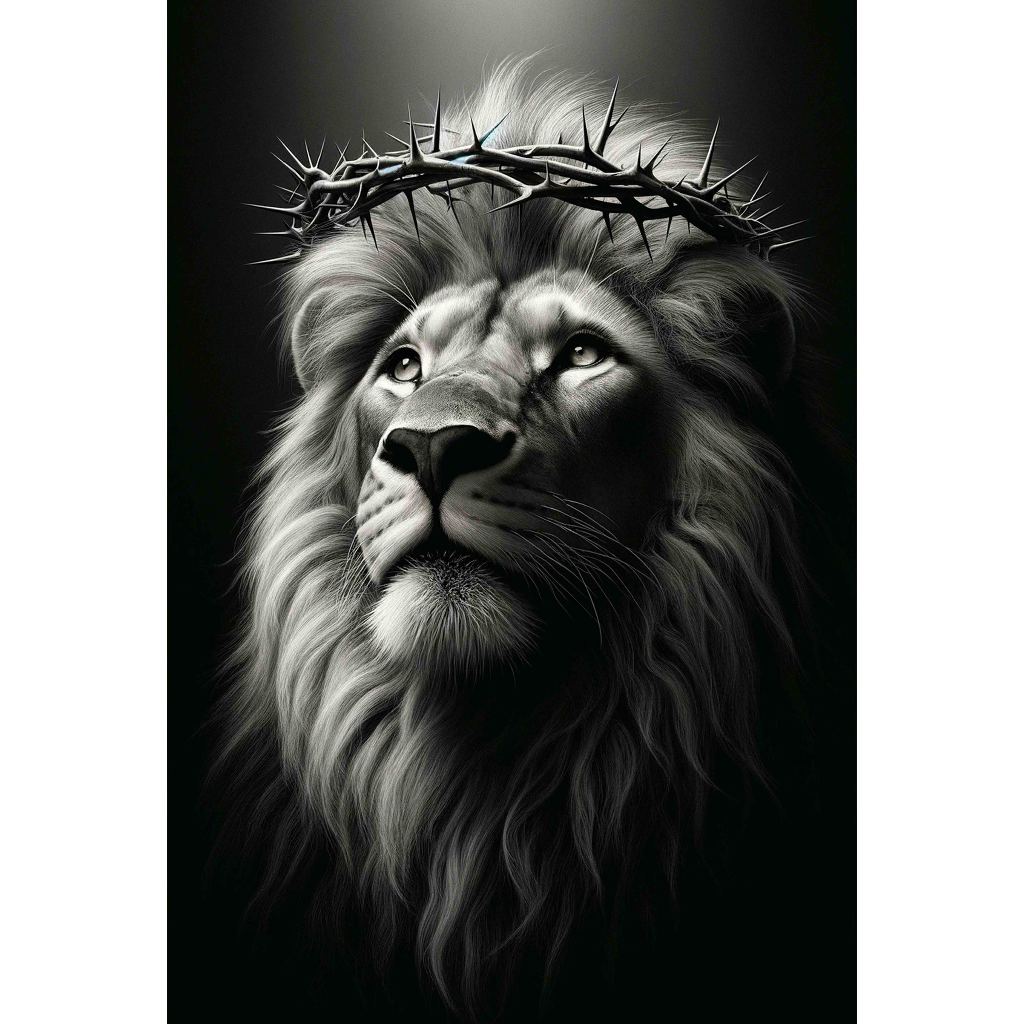 Quadro decorativo  família de leão Religião Jesus Cristo e leão de Judá quarto sala coroa de espinhos, quadro leão