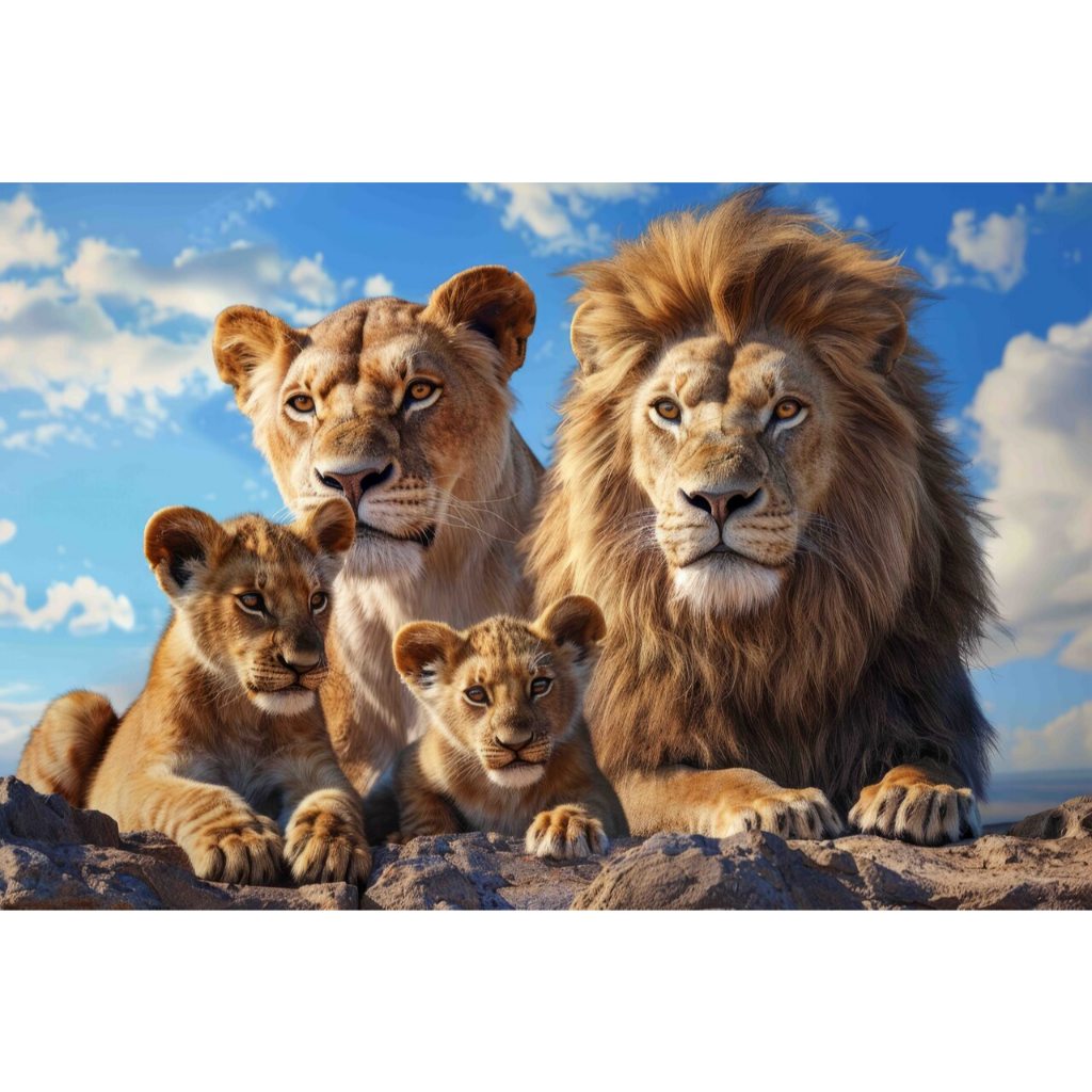 Quadro decorativo  família de leão com filhotes  quadro grande de leão quarto sala, quadro leão