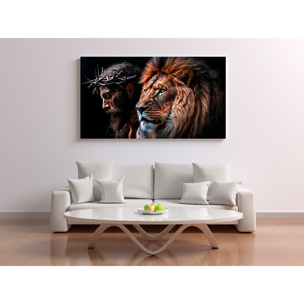 Quadro decorativo 90X60CM Religião Jesus Cristo e leão de Judá quarto sala coroa de espinhos