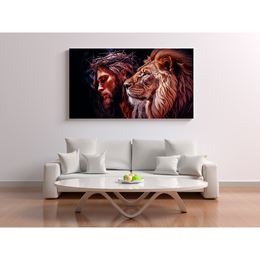 Quadro decorativo 90X60CM Religião Jesus Cristo e leão de Judá quarto sala coroa de espinhos