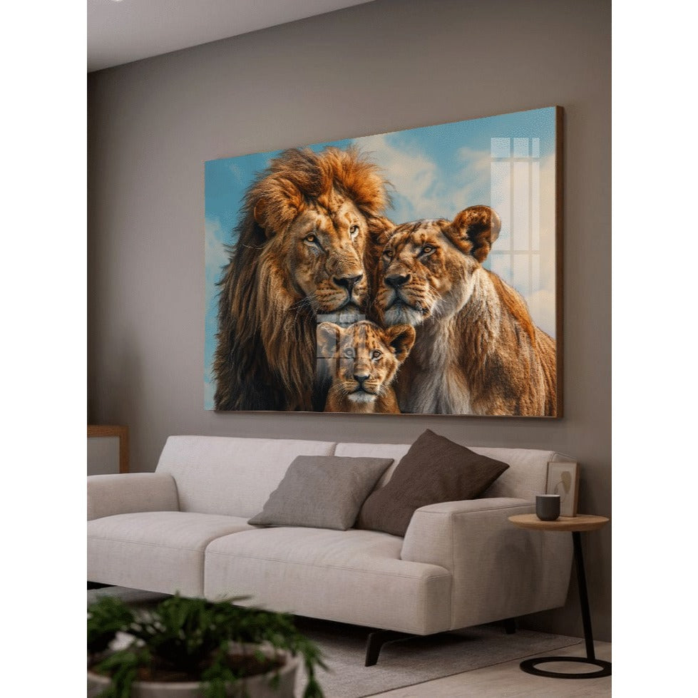 Quadro decorativo  família de leão com filhotes  quadro grande de leão quarto sala, quadro leão