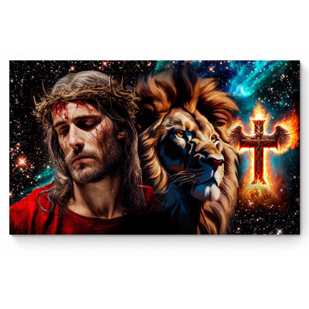 Quadro decorativo 90X60CM Religião Jesus Cristo e leão de Judá quarto sala coroa de espinhos