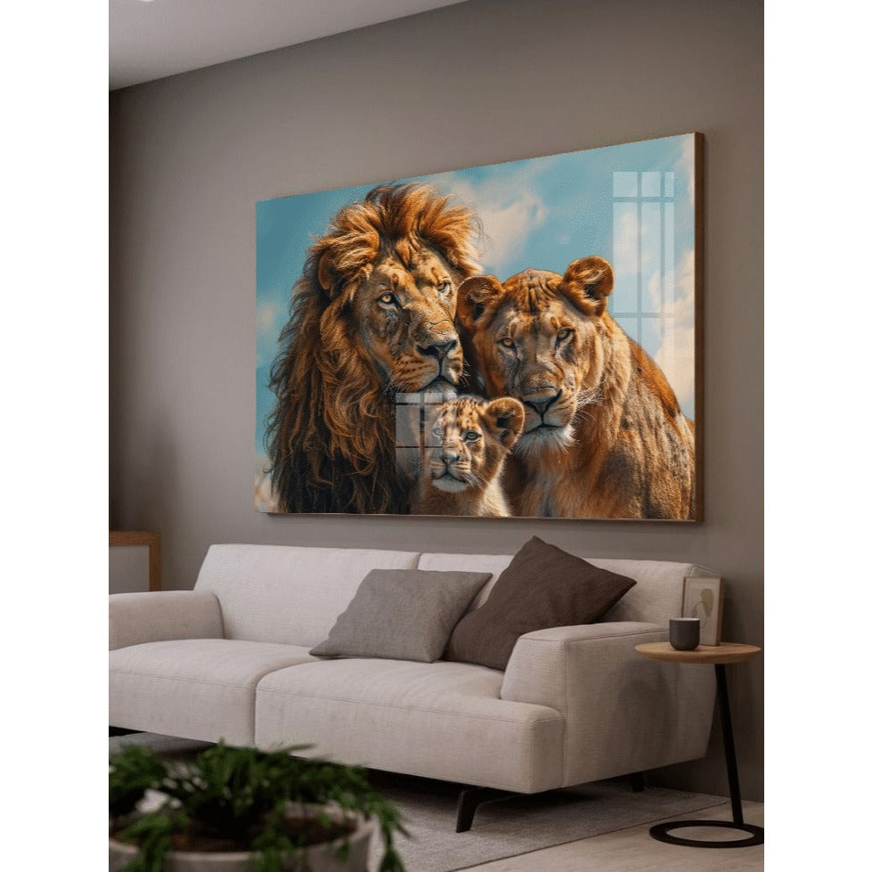 Quadro decorativo  família de leão com filhotes  quadro grande de leão quarto sala, quadro leão